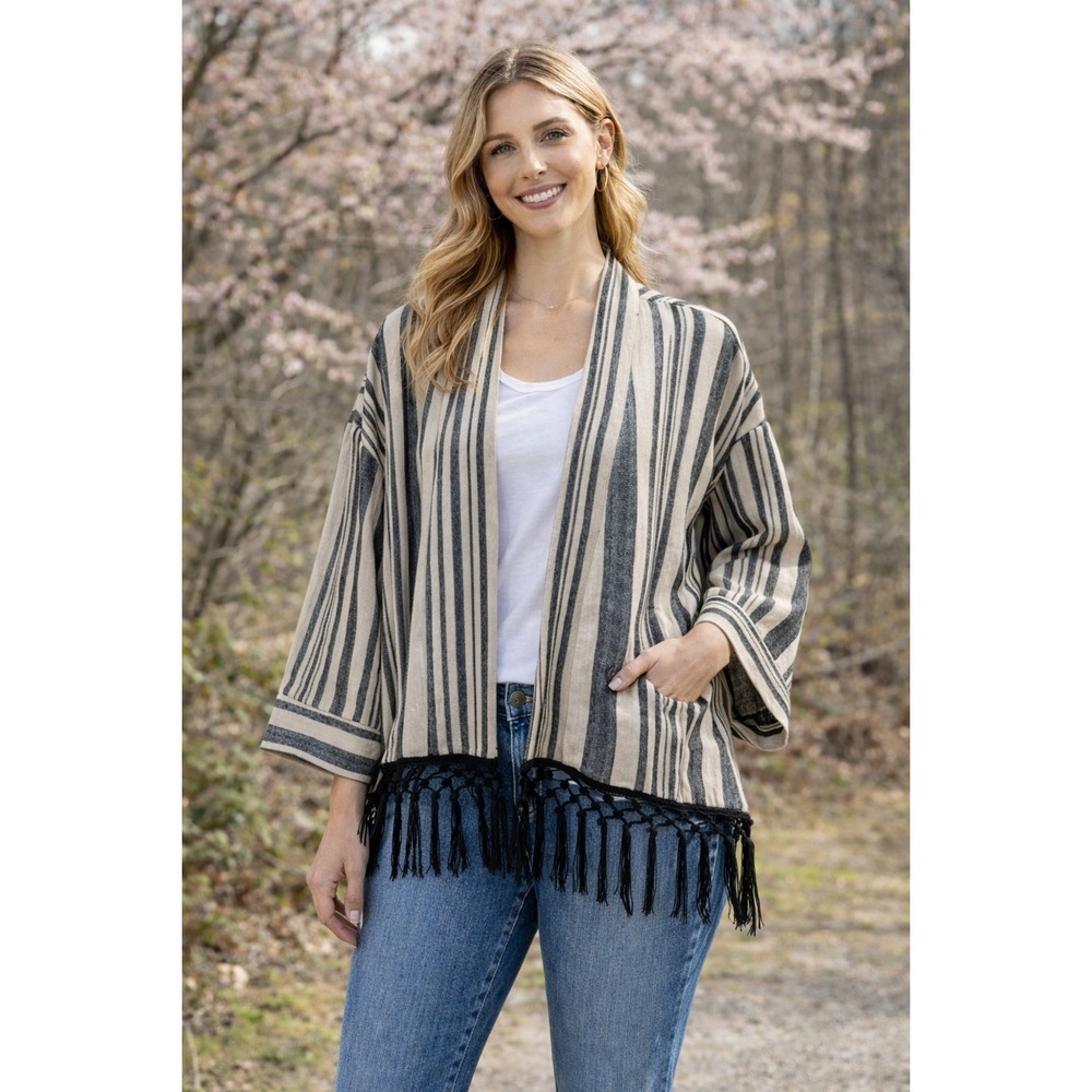 ZARA BASIC Striped Kimono Jacket Fringe Black Cream Beige‎ Women's